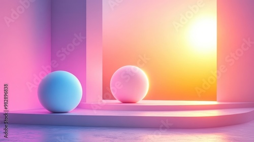 Abstract Scene with Colorful Spheres and Sunset Glow