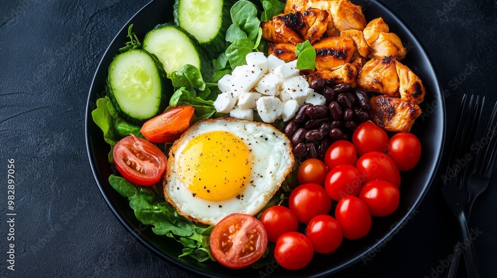 A balanced meal with chicken, egg, beans, and fresh vegetables. A balanced meal with chicken, egg, beans, and fresh vegetables.