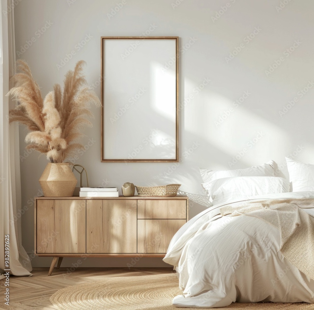 Cozy bedroom interior with a wooden nightstand, a large bed, and a minimalist decor Soft light fills the space, creating a tranquil atmosphere Cozy bedroom interior with a wooden nightstand, a large bed, and a minimalist decor Soft light fills the space, creating a tranquil atmosphere
