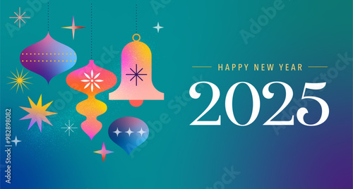 Happy New Year 2025, New Year background, banner, poster design. Modern vibrant illustration, concept design with Christmas decorations 