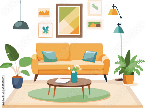 Modern Interior Design with Sofa Set Flat Vector Isolated