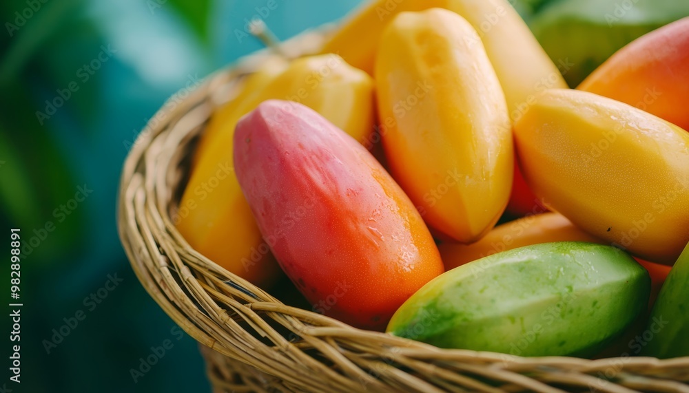 A close-up of genetically modified papayas in a basket, their smooth, flawless skin and vibrant colors reflecting improved resistance to viruses and pests. A close-up of genetically modified papayas in a basket, their smooth, flawless skin and vibrant colors reflecting improved resistance to viruses and pests.