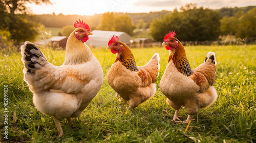 Chickens Roaming on Grass with Farmhouse in Distance
