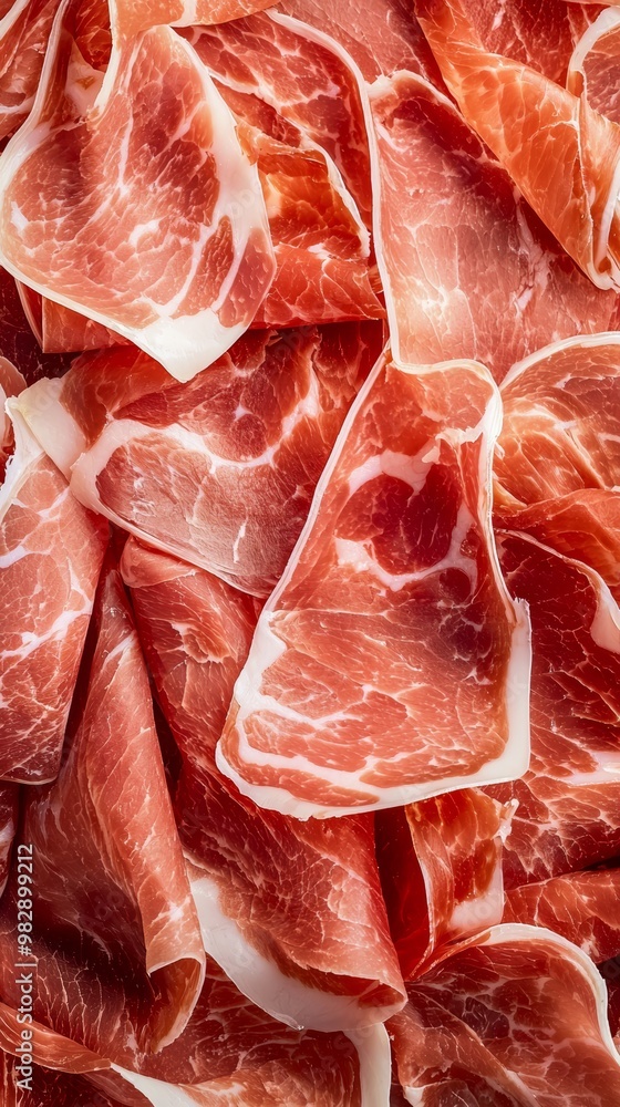 A close-up of thinly sliced prosciutto arranged in a textured pattern, emphasizing the rich marbling and vibrant colors of cured meat. A close-up of thinly sliced prosciutto arranged in a textured pattern, emphasizing the rich marbling and vibrant colors of cured meat.