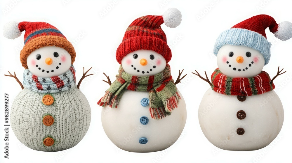 Three snowmen in festive hats and scarves. Three snowmen in festive hats and scarves.