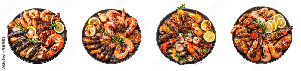 Collection of grilled seafood black ceramic plate isolated on transparent background or white background, Cutout PNG Collection of grilled seafood black ceramic plate isolated on transparent background or white background, Cutout PNG
