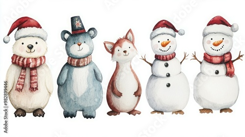 Cute watercolor illustration of a polar bear, bear, fox, and two snowmen wearing winter hats and scarves.