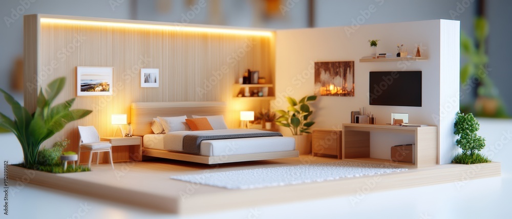 Fototapeta premium Modern minimalist bedroom with stylish decor and plants