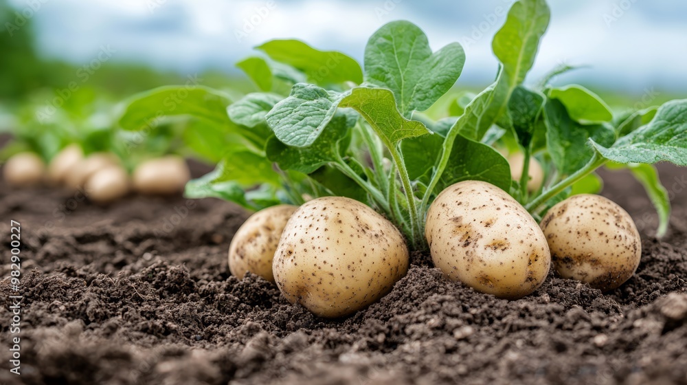 A field of GMO potato plants with large, perfectly round potatoes peeking out of the soil, showcasing genetic modifications for improved growth and harvest efficiency. A field of GMO potato plants with large, perfectly round potatoes peeking out of the soil, showcasing genetic modifications for improved growth and harvest efficiency.