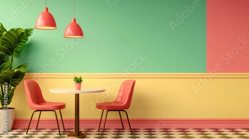 Bright and colorful cafe interior featuring coral chairs, a white table, and pastel green, yellow, and coral walls. Decorative pendant lights hang above, and a potted plant adds a fresh touch to the v