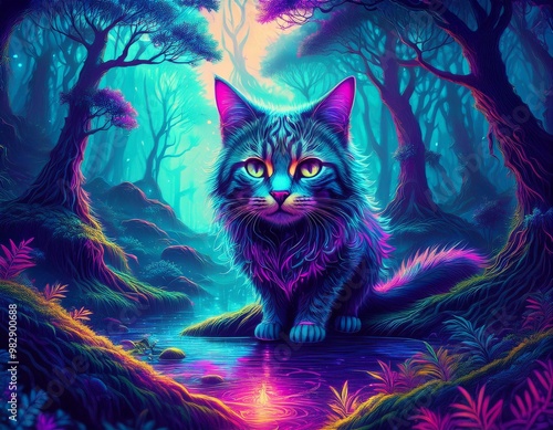 A mystical cat in an ancient forest.