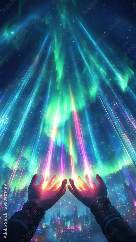 Fototapeta premium Incorporate a birds-eye view perspective in a digital 3D illustration of hands holding vibrant light beams, set against a backdrop of glowing auroras in the sky