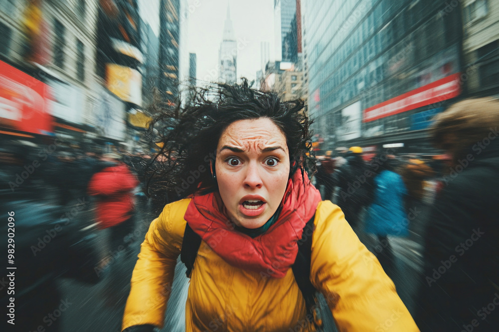 A person running frantically through a crowded street, looking over their shoulder, fear etched into every feature A person running frantically through a crowded street, looking over their shoulder, fear etched into every feature