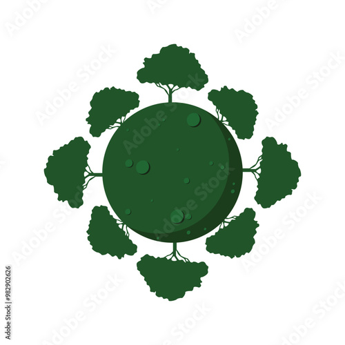 Eco-friendly Go Green icon - green pin with plant leaves and message inside. Vector illustration of go green earth surrounded by trees