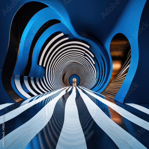 Abstract Architecture Tunnel Blue White Black Striped Floor