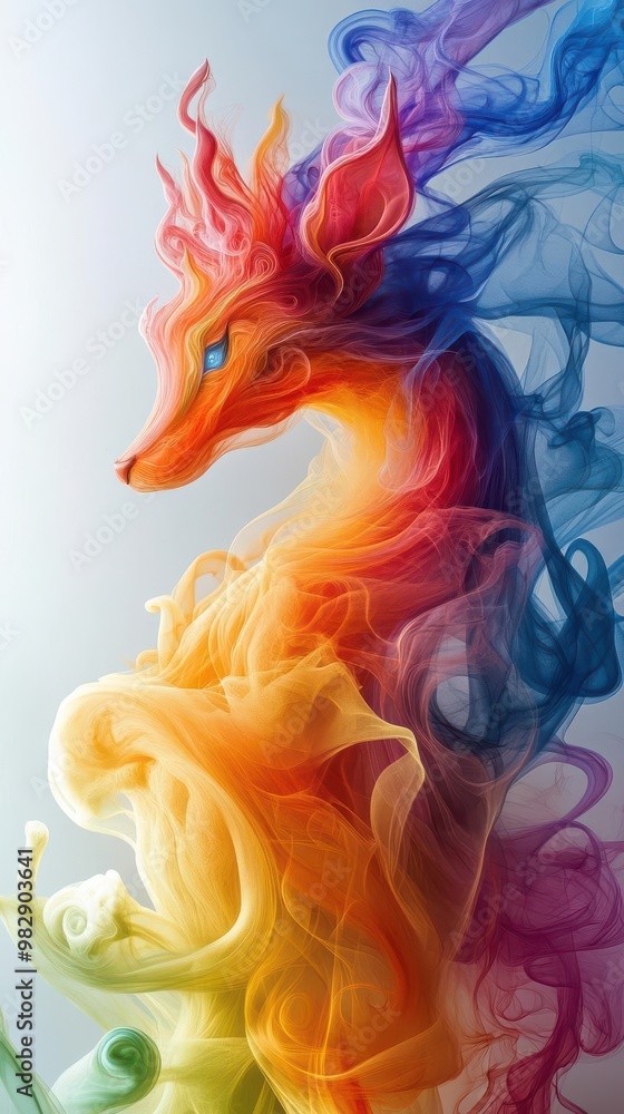 Obraz premium Produce an image featuring a whimsical animal sculpted from swirling, multicolored smoke, mirroring fantastical beings in a dream realm