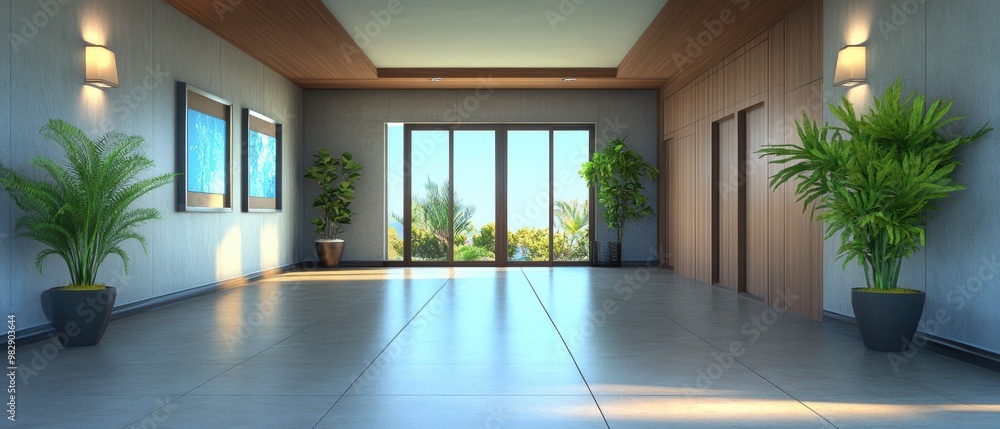 Fototapeta premium Modern foyer with greenery and natural light