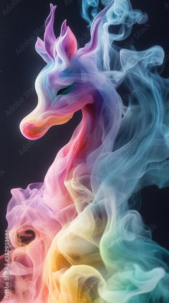 Fototapeta premium Produce an image featuring a whimsical animal sculpted from swirling, multicolored smoke, mirroring fantastical beings in a dream realm