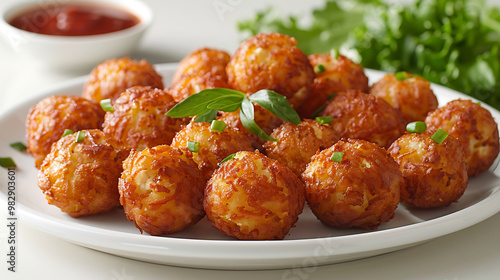 Cauliflower tater tots in a plate on a white background