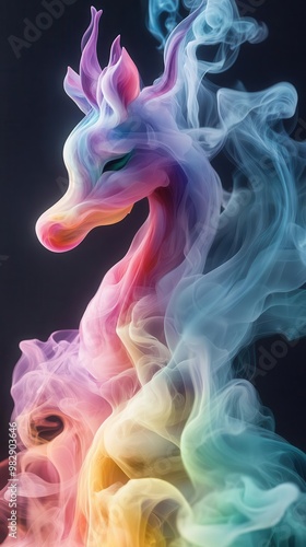 Produce an image featuring a whimsical animal sculpted from swirling, multicolored smoke, mirroring fantastical beings in a dream realm photo