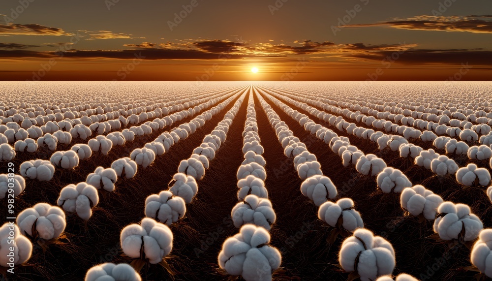 Fototapeta premium A high-tech cotton farm where genetically modified cotton plants thrive, with bolls growing in perfect symmetry, showcasing the benefits of genetic enhancement.