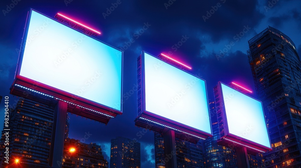 Empty Billboards at Night in Urban Setting Empty Billboards at Night in Urban Setting