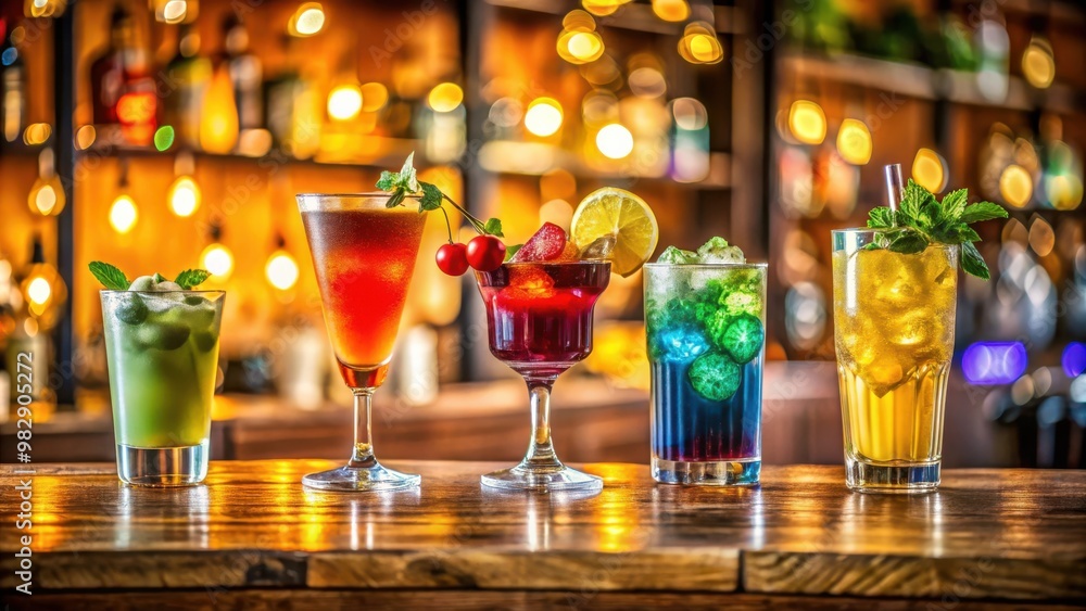 Colorful drinks on a wooden bar table at a fancy restaurant with blurred background