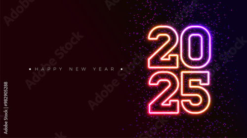 Happy New Year 2025 Illustration with Glowing Neon Light Number on Dark Background. Vector Christmas Holiday Season Design for Flyer, Greeting Card, Banner, Celebration Poster, Party Invitation