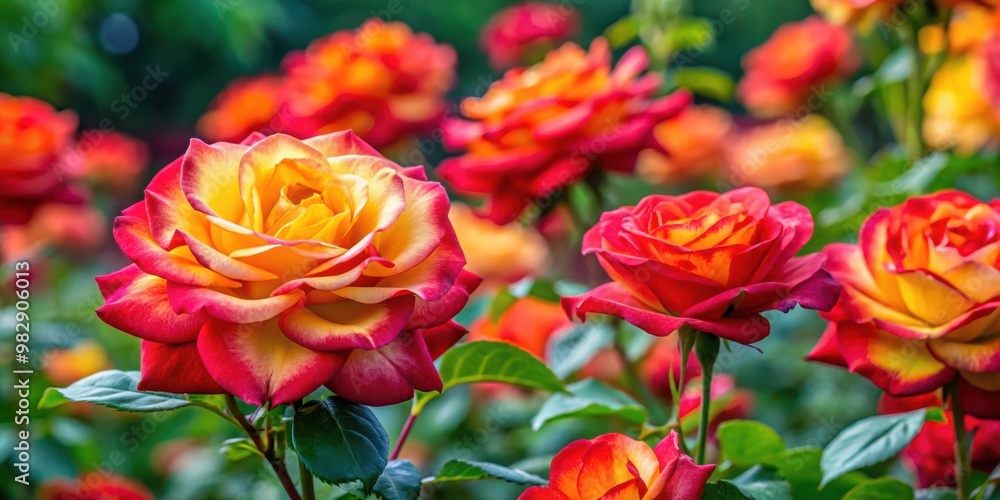 Vibrant red and yellow Rosa GartenSpass Kordes 2001 floribunda roses in full bloom in a garden setting Vibrant red and yellow Rosa GartenSpass Kordes 2001 floribunda roses in full bloom in a garden setting