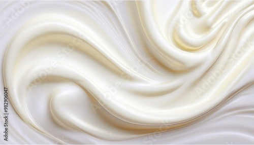 Close-up of white natural creamy vanilla yogurt. Top view. White texture of whipped cream, buttercream, and cosmetic cream. Close-up of vanilla yogurt. photo