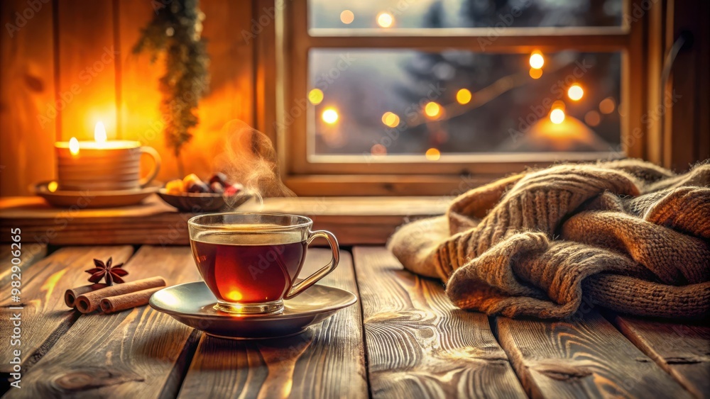 Obraz premium Warm and Cozy Home Interior Still Life Scene with Tea Cup on Wooden Table