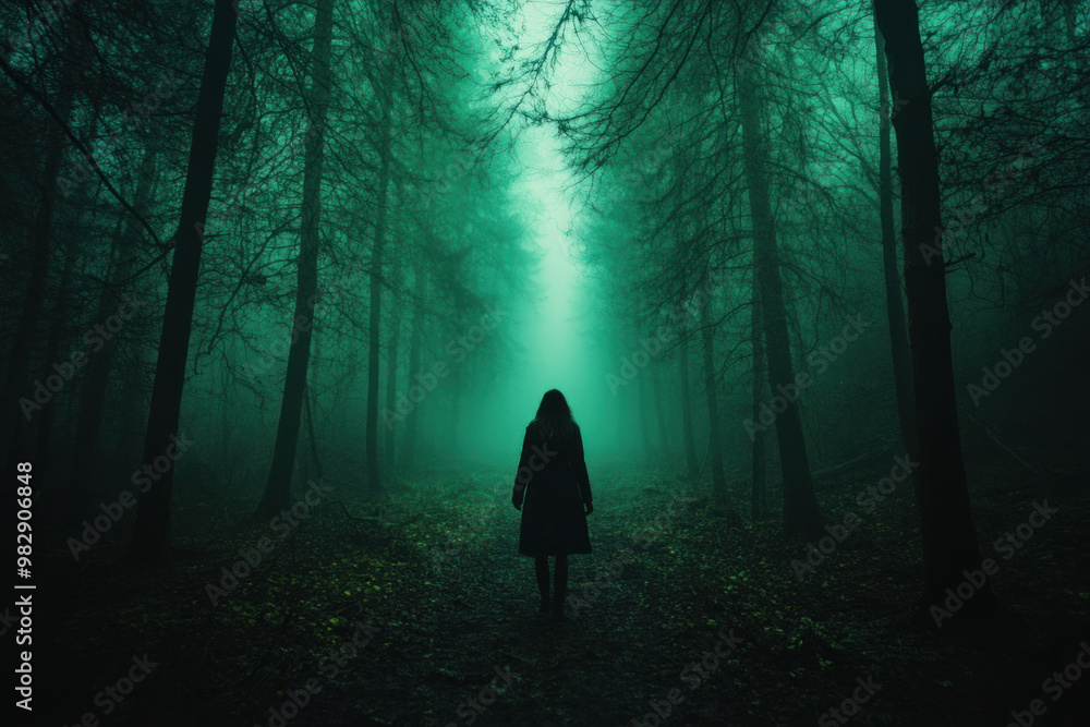 A person walking through a pitch-black forest, the fear of the unknown visible in their cautious steps A person walking through a pitch-black forest, the fear of the unknown visible in their cautious steps