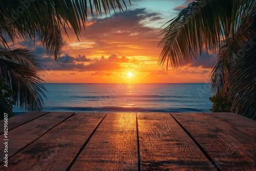 Fototapeta Naklejka Na Ścianę i Meble -  A sunset view over the ocean, framed by palm trees with a wooden table in the foreground