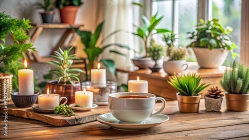 Cozy home interior decor wooden table tea cup plants candles Still Life