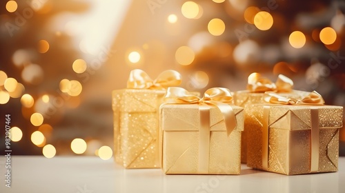 Golden Christmas Present with gold ribbon, Merry christmas Banner with copy space for text, Bokeh lights blurred, wallpaper, festive, gifts, celebration, surprise, HD, close up, giving gifts, gifting