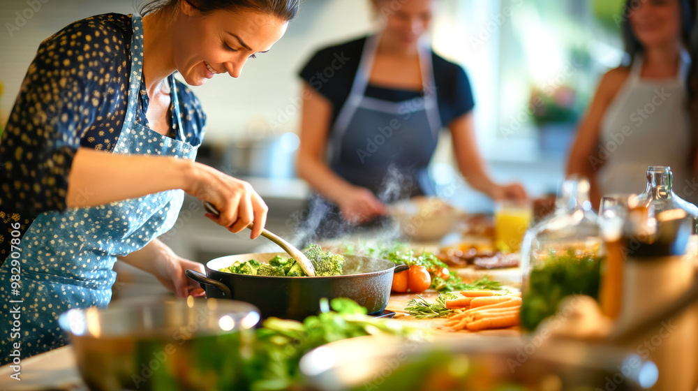 Participants are engaged in a vibrant cooking class, experimenting with fresh ingredients and learning new skills in a warm and inviting kitchen filled with light Participants are engaged in a vibrant cooking class, experimenting with fresh ingredients and learning new skills in a warm and inviting kitchen filled with light