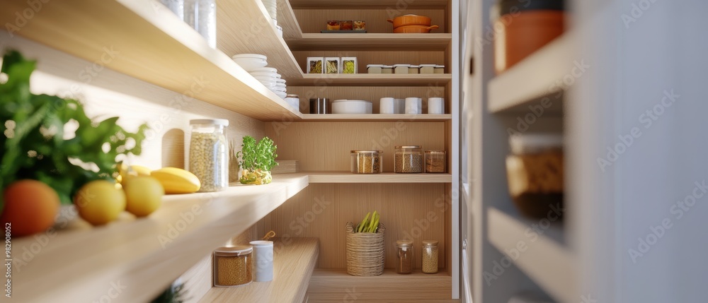 Organized Pantry with Fresh Ingredients and Containers Organized Pantry with Fresh Ingredients and Containers