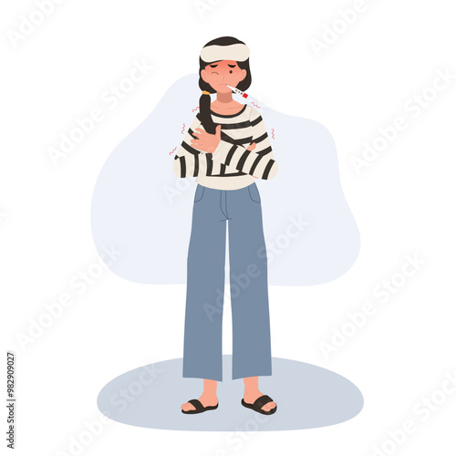 feverish woman with high temperature, chills and shaking, illness symptoms and self hug, cold and fever