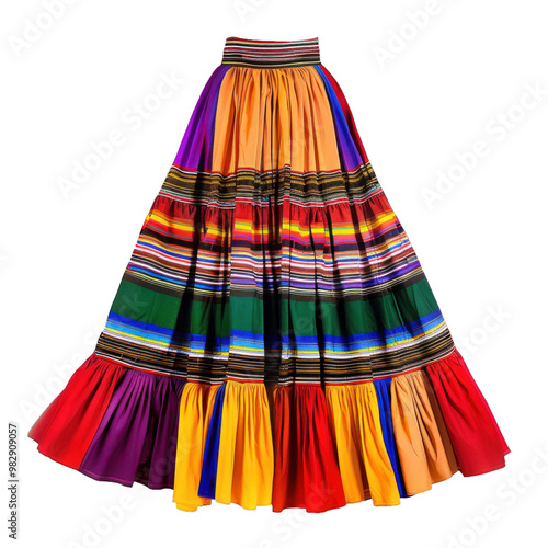 Vibrant and cheerful traditional skirt with a flowing design, showcasing a mix of bright colors and patterns, isolated on white photo