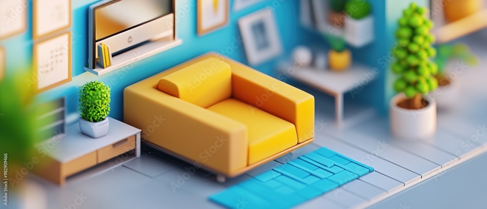 Modern Cozy Living Room with Yellow Sofa and Plants Modern Cozy Living Room with Yellow Sofa and Plants