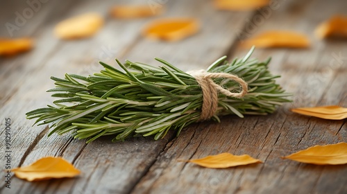 Dried Rosemary: A bundle of dried rosemary sprigs tied with twine, lying on a rustic wooden table with a scattering of dried leaves around it. photo