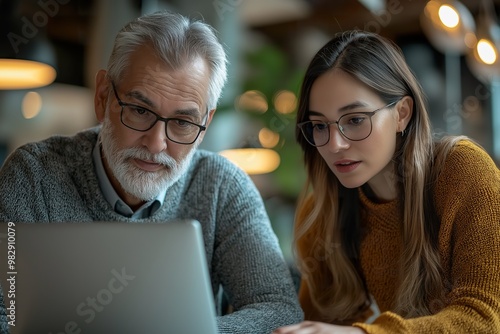 A wise mentor guides a young professional in a cozy cafe during a brainstorming session