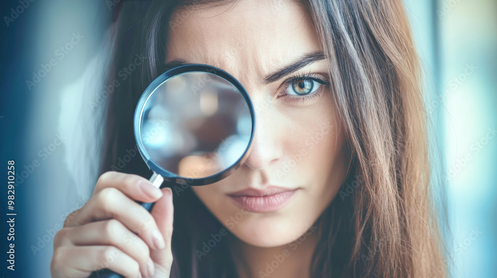 A woman examines intricate details through a magnifying glass, embodying focus and curiosity with an intense gaze, set against a simple white background A woman examines intricate details through a magnifying glass, embodying focus and curiosity with an intense gaze, set against a simple white background