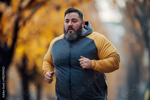 Energetic man in sports attire enjoys a refreshing autumn jog through colorful fall foliage