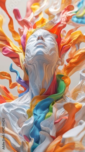 Craft a high-angle view of a surreal figure morphing from vibrant colors and dynamic abstract shapes, embodying a fluid stream of creativity in vivid CG 3D