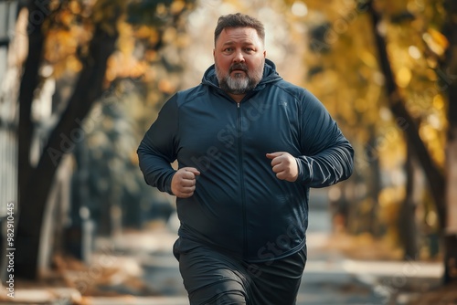 Impressive jogger in sports attire embraces autumn fitness on a vibrant tree-lined path