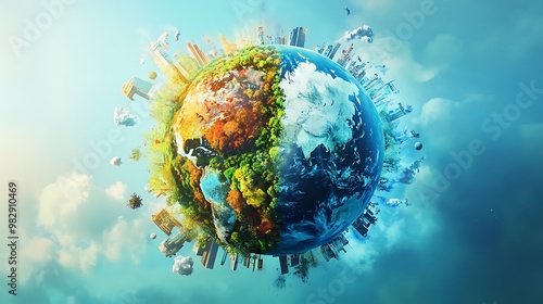 Fototapeta Naklejka Na Ścianę i Meble -  Earth Overshoot Day Concept - Detailed Globe Illustration Showing Pollution Divided into Sections