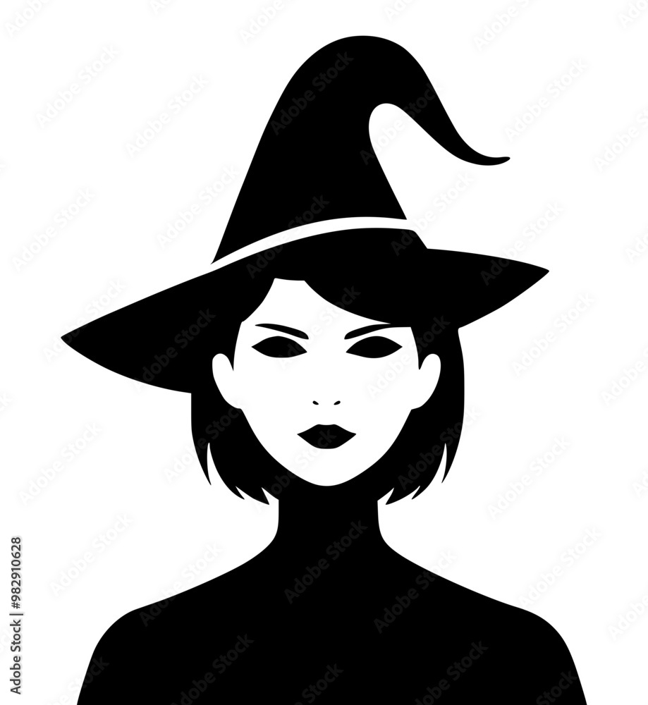 Witch icon with a mysterious expression in black and white on a plain background Witch icon with a mysterious expression in black and white on a plain background