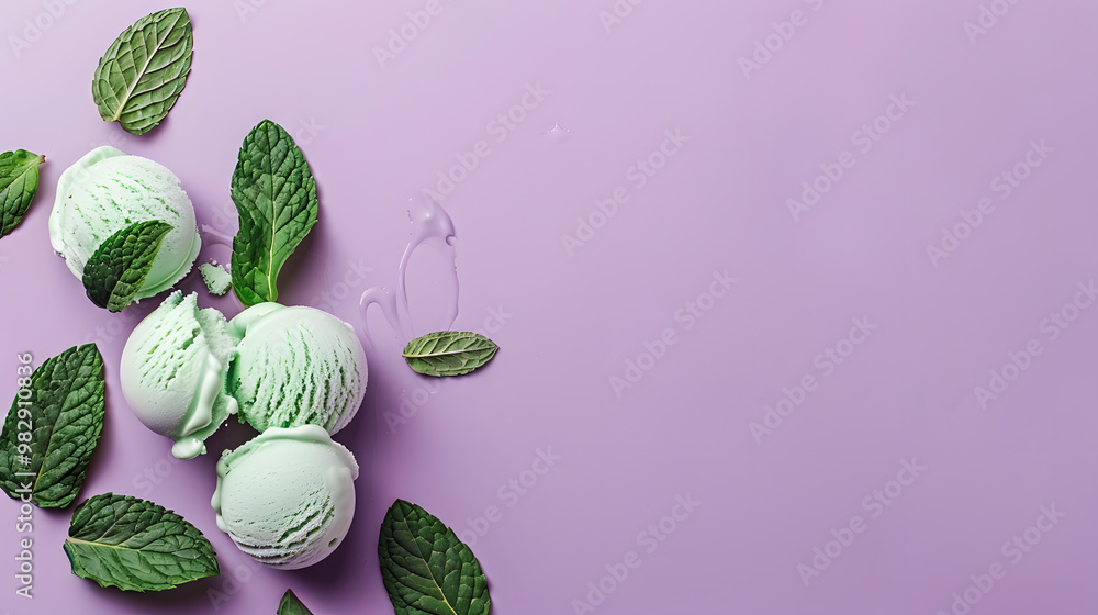 Mint Ice Cream Cones with Fresh Mint Leaves on Purple Background Mint Ice Cream Cones with Fresh Mint Leaves on Purple Background
