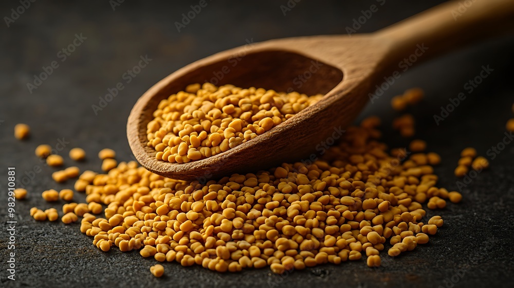 Fenugreek Seeds: Yellow fenugreek seeds spilling from a wooden spoon onto a kitchen counter, with a subtle golden hue and a hint of bitterness. Fenugreek Seeds: Yellow fenugreek seeds spilling from a wooden spoon onto a kitchen counter, with a subtle golden hue and a hint of bitterness.